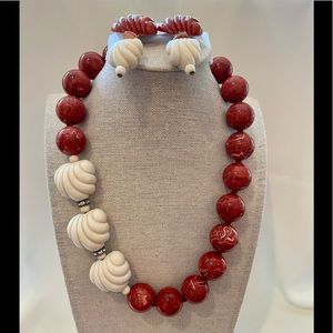 Vintage Red Coral and Ivory Choker and Earring Set